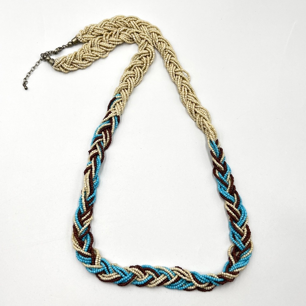 Vintage Multi-Strand Braided Seed Bead Necklace Cream Blue Brown Boho Retro - Picture 3 of 15
